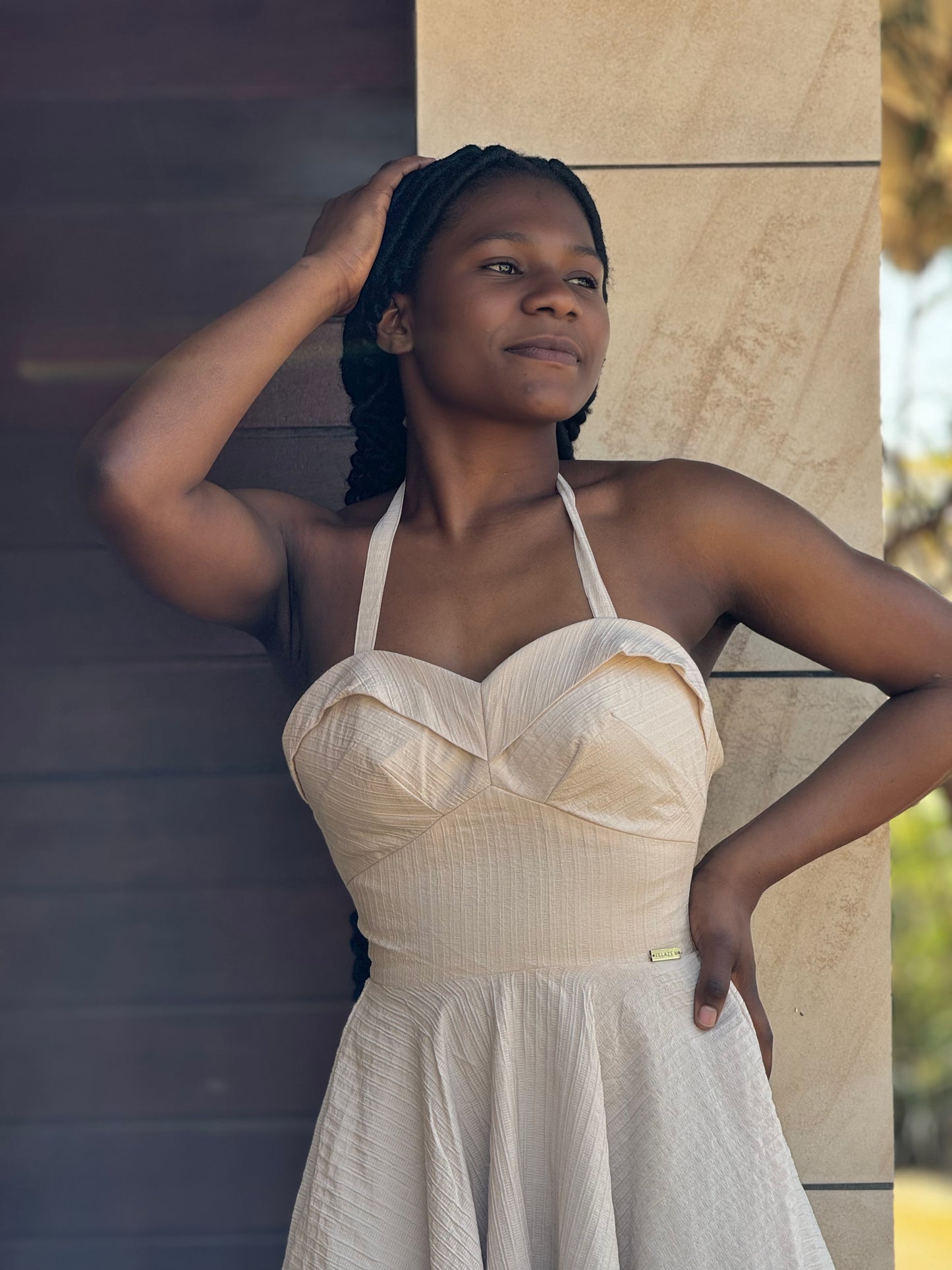 Beige Midi Sweetheart Flare