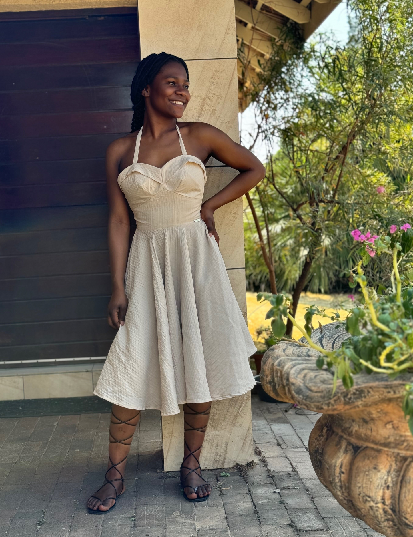 Beige Midi Sweetheart Flare