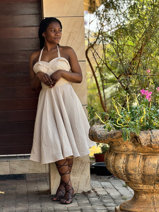 Beige Midi Sweetheart Flare
